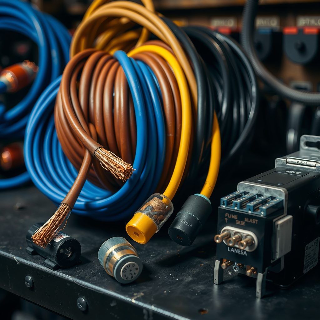 Rollos de cable de colores, fusibles cilíndricos y un contactor en el banco.