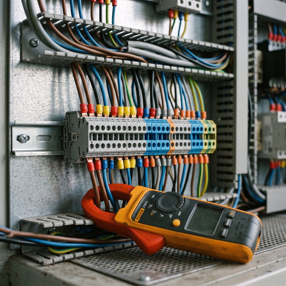 Bornas de carril DIN con cables y punteras de colores y una pinza amperimétrica delante.
