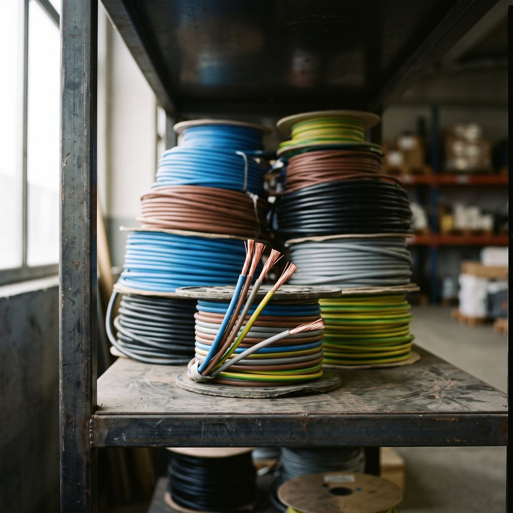 Bobinas de cable de colores en una estantería de almacén, con los hilos de cobre pelados en primer plano.