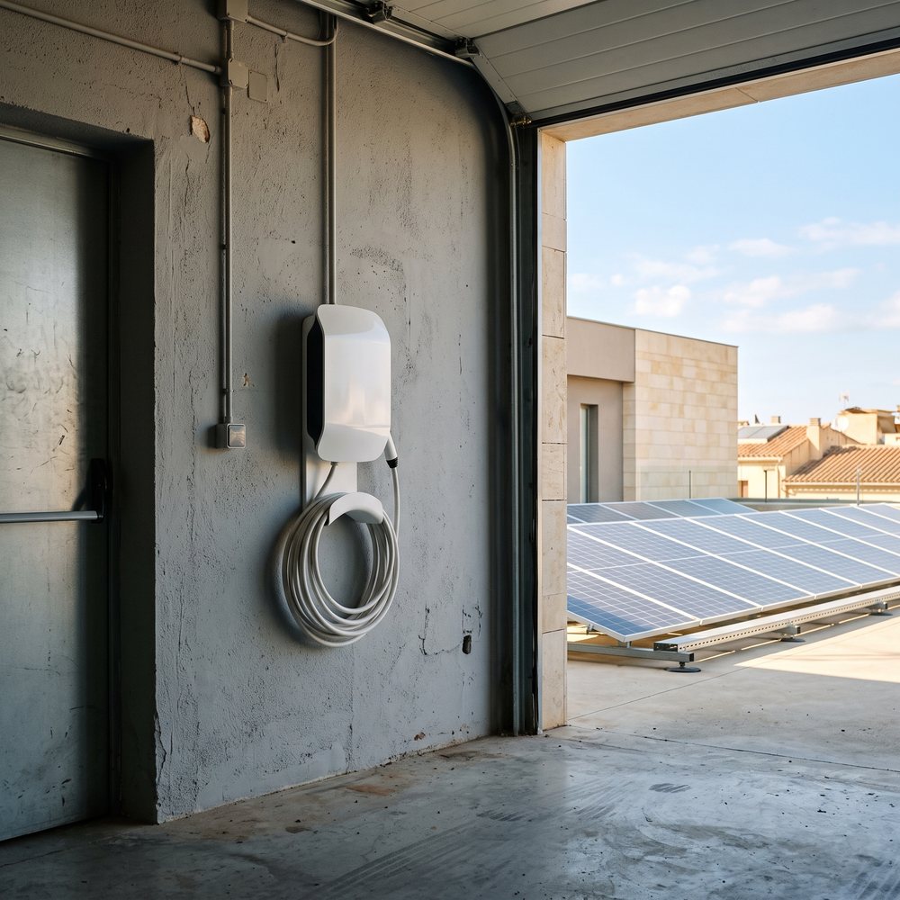 Cargador de vehículo eléctrico en la pared de un garaje y paneles solares en la cubierta al fondo.