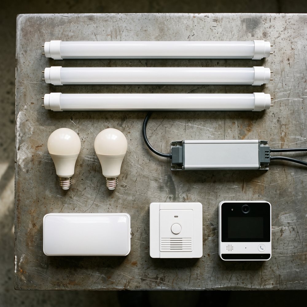 Tubos LED, bombillas, driver, luminaria de emergencia, timbre y videoportero sobre un banco de acero.