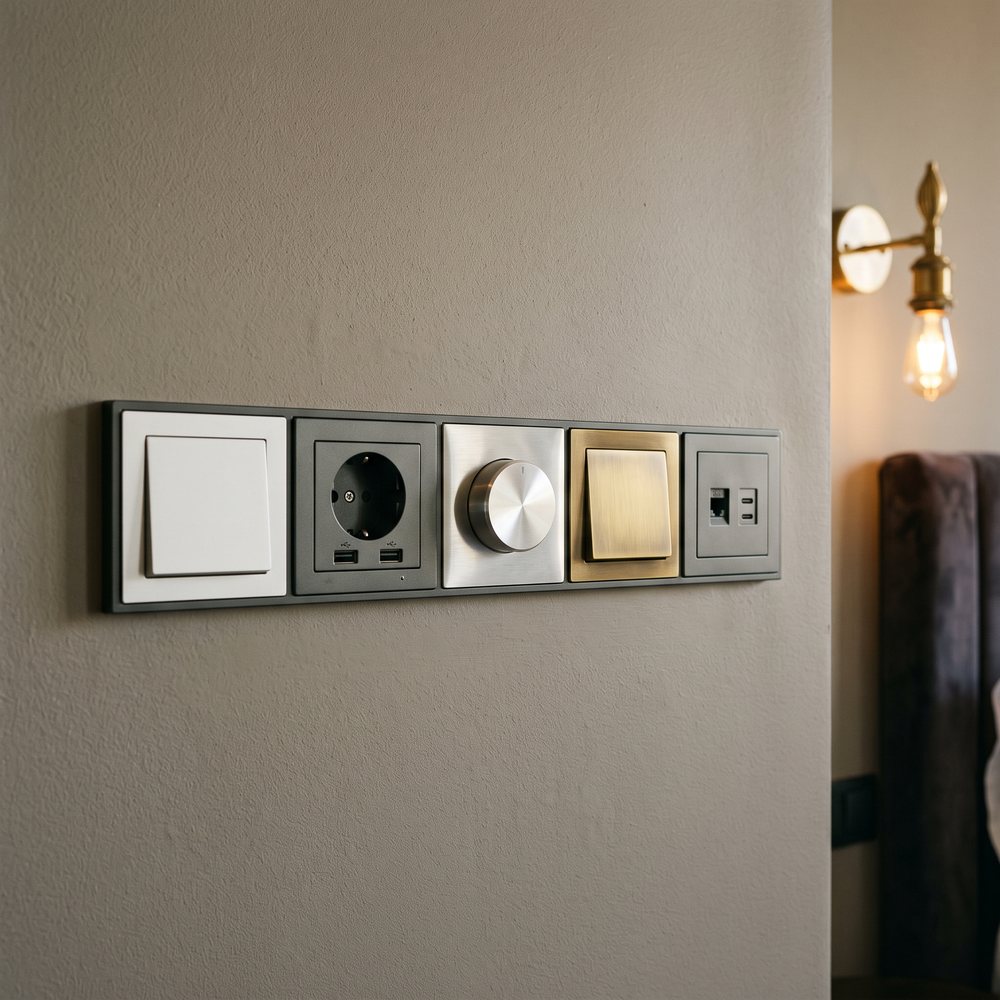 Serie de mecanismos en blanco, grafito, aluminio y latón con base USB y regulador, en la pared de un hotel.