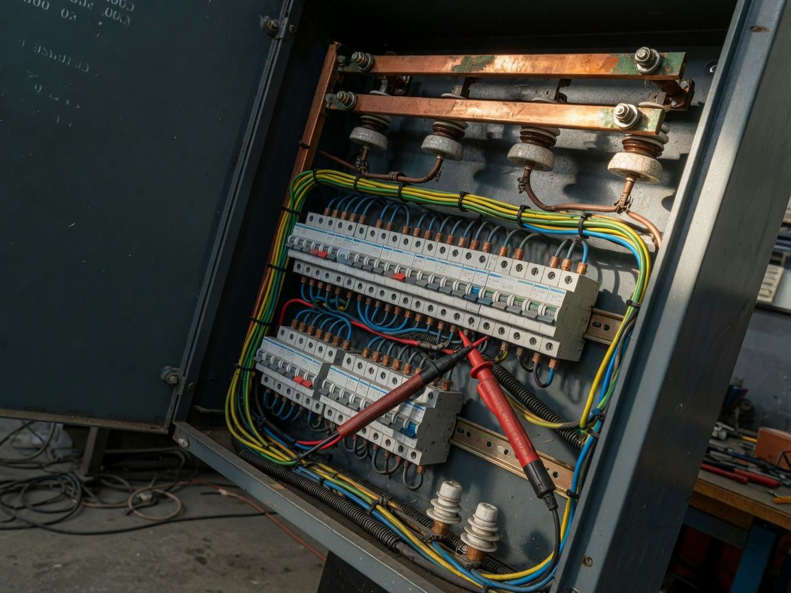 Cuadro eléctrico abierto con pletina de cobre y magnetotérmicos.