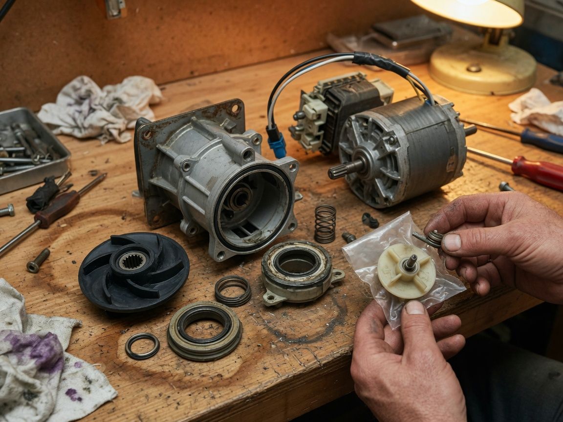 Bomba y motor de lavadora desmontados con recambio original en la mano.