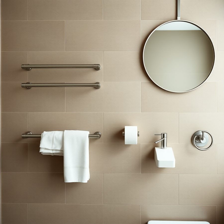 Pared de baño con toalleros, portarrollos, dosificador y espejo redondo en acero cepillado.