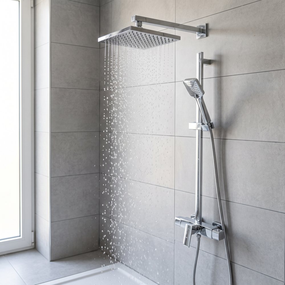 Conjunto de ducha con rociador cuadrado y teléfono de ducha sobre azulejo gris.
