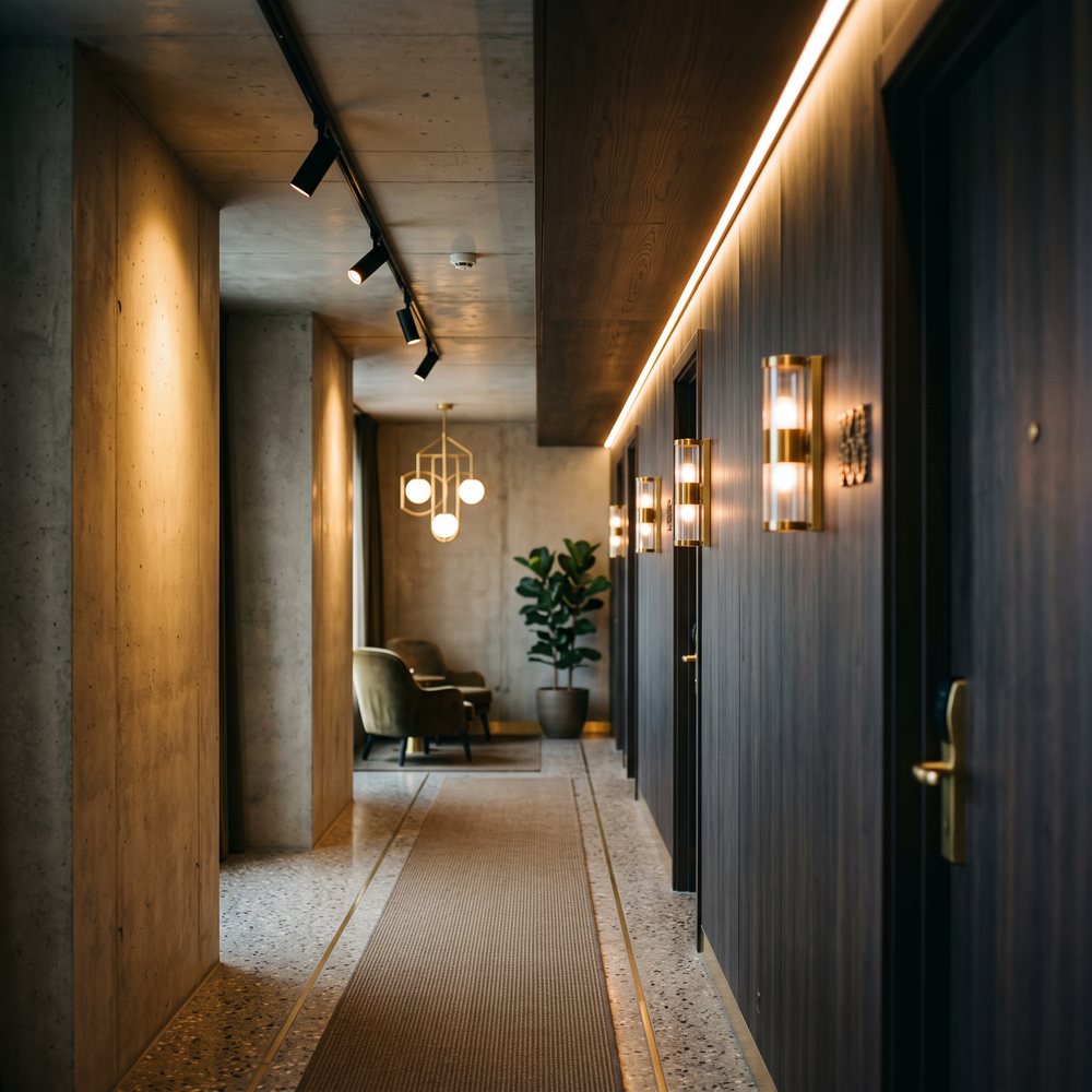 Pasillo de hotel con focos de carril, perfil LED, apliques de latón y lámpara colgante de diseño.