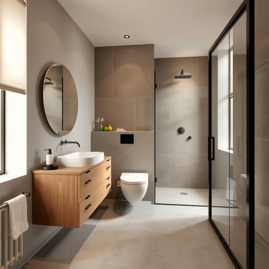 Baño de diseño con lavabo sobre mueble de nogal, inodoro suspendido y ducha con mampara negra.