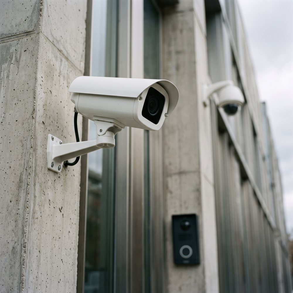 Cámara CCTV tipo bullet en la esquina de una fachada, con cámara domo y videoportero al fondo.