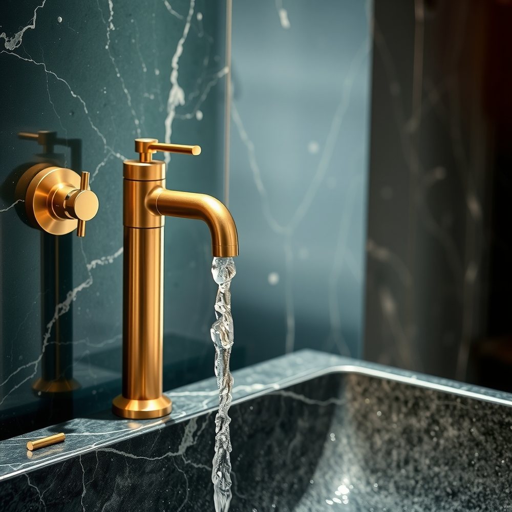 Grifo de latón cepillado vertiendo agua sobre un lavabo de piedra oscura.
