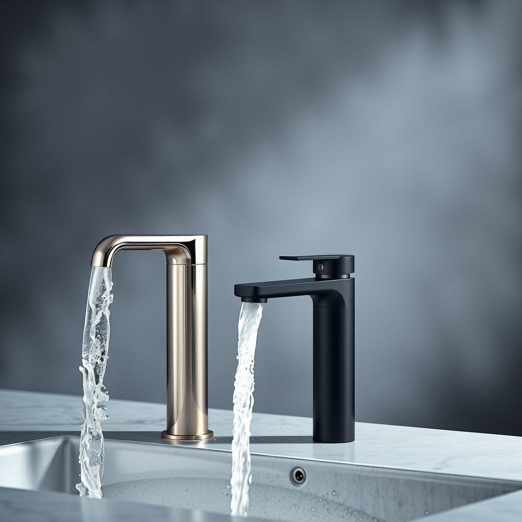 Grifos de cocina y baño en acabado cepillado y negro mate con agua corriendo.