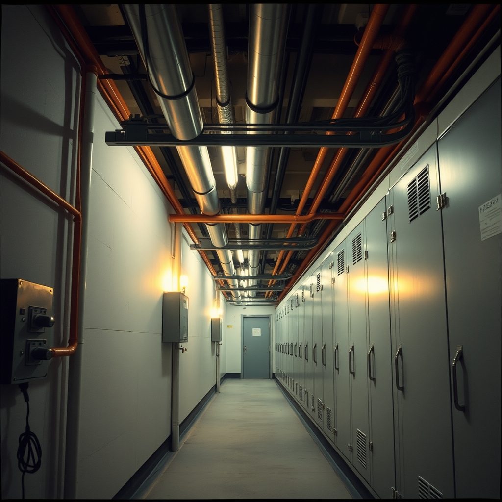 Pasillo técnico de un hotel con tuberías de cobre aisladas, bandejas de cable y armarios eléctricos.