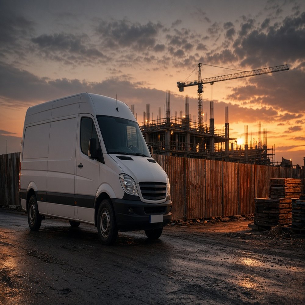 Furgoneta de entrega en obra al atardecer.
