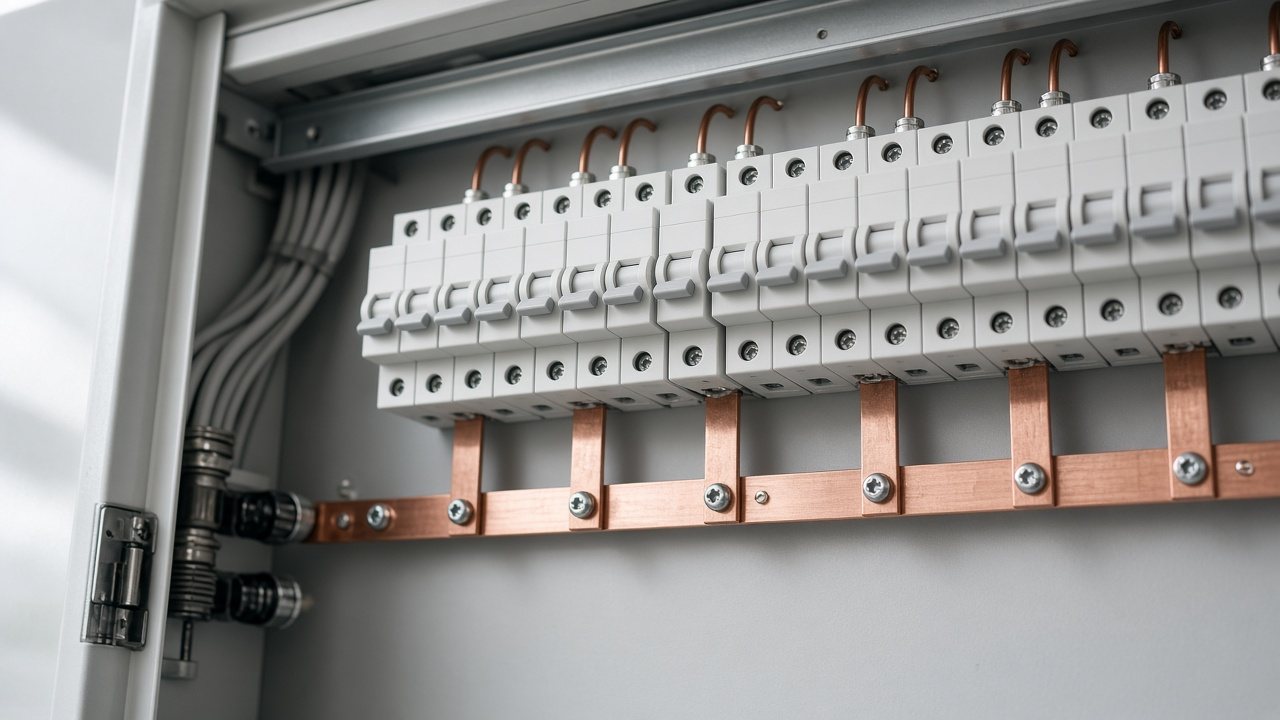 Cuadro eléctrico abierto con pletina de cobre y magnetotérmicos.