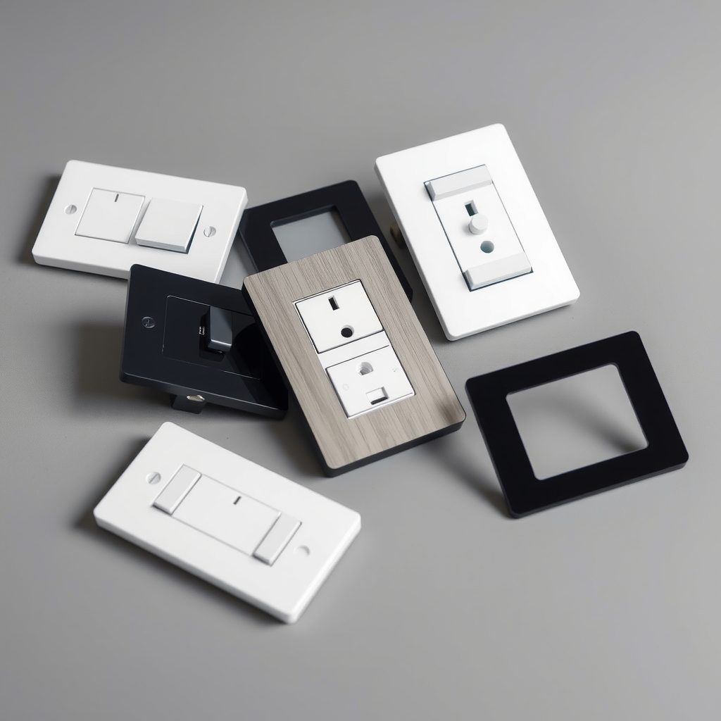 Mecanismos e interruptores de pared en distintos acabados sobre una superficie gris.