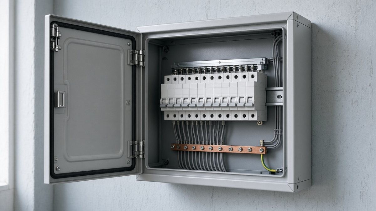 Cuadro eléctrico moderno abierto.