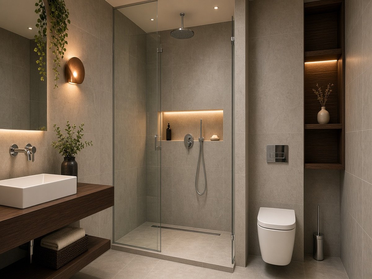 Baño reformado con porcelana, ducha y luz cálida.