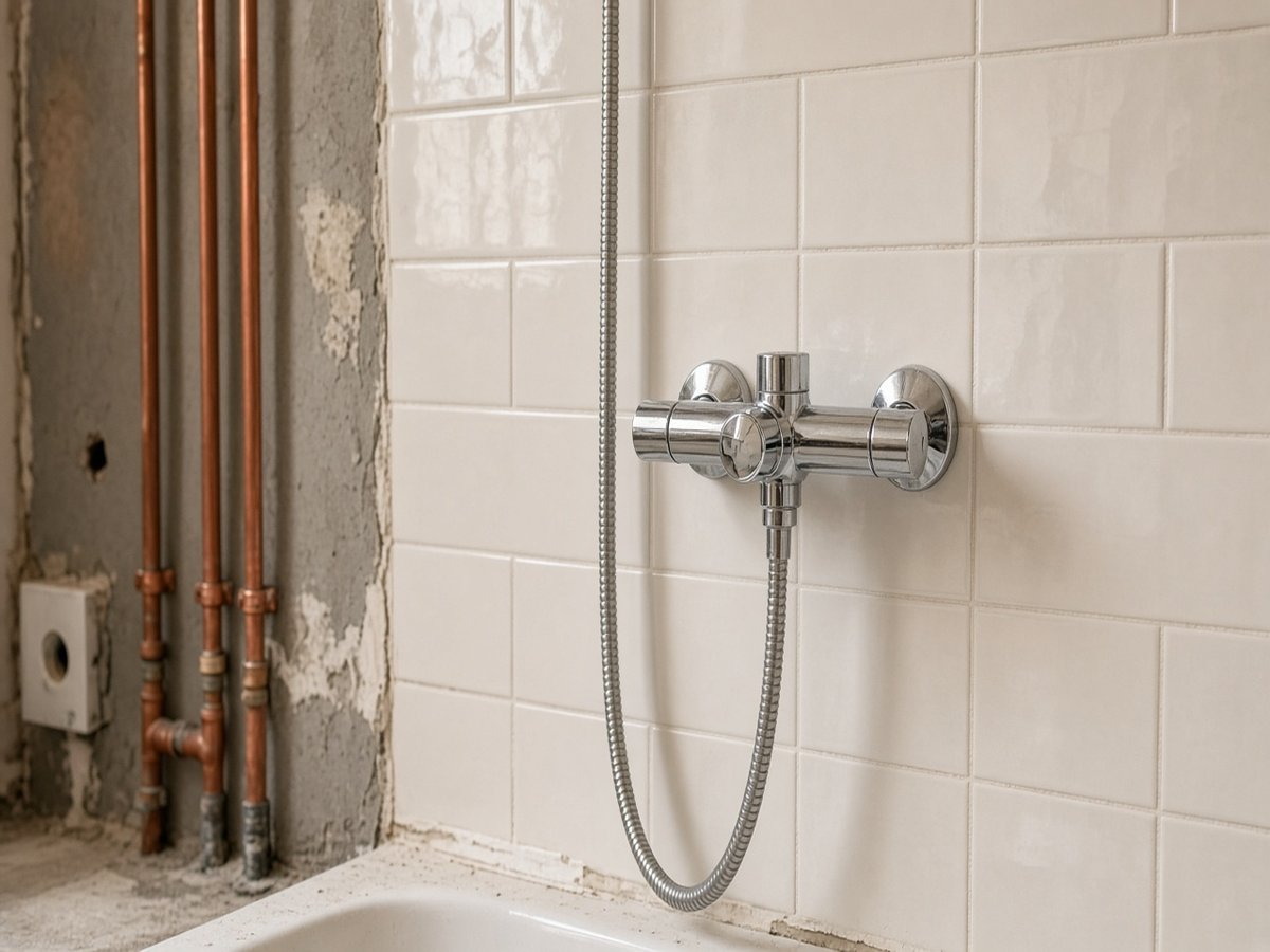 Detalle de reforma de baño: tubería de cobre y grifería cromada.