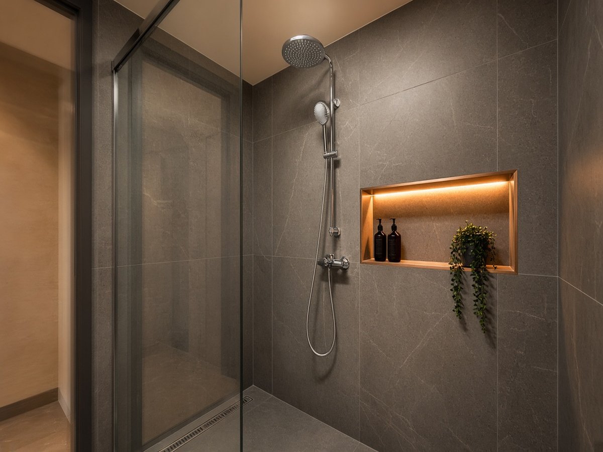 Ducha rain con nicho iluminado en baño reformado.