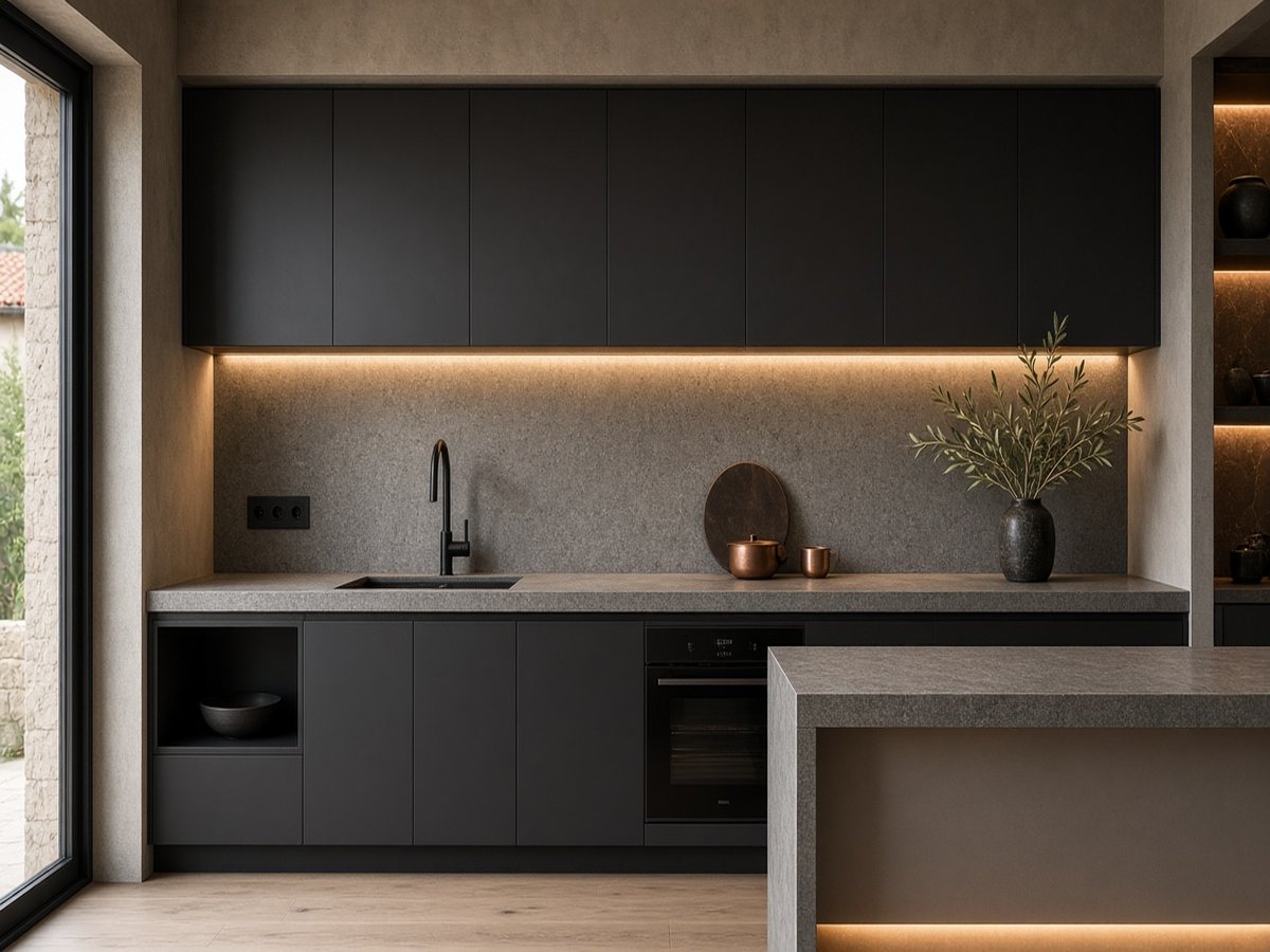 Cocina reformada en carbón mate con luz cobre.