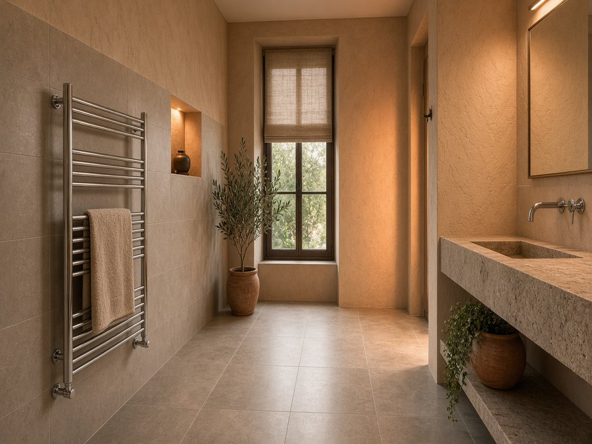 Baño con suelo de gres y radiador toallero.