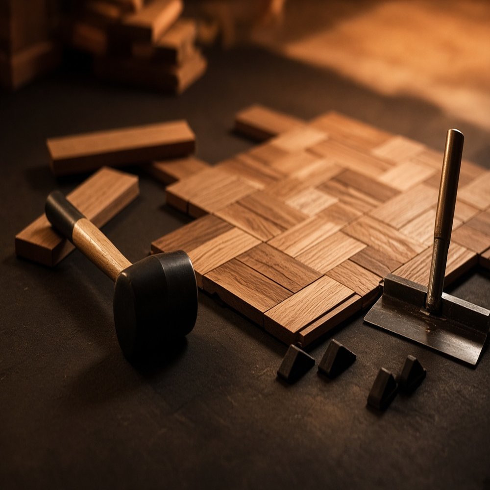 Colocación de parquet con herramientas de oficio.