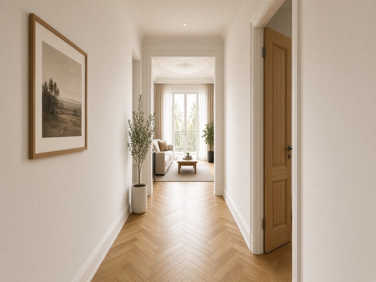 Pasillo reformado con parquet y puertas de madera.