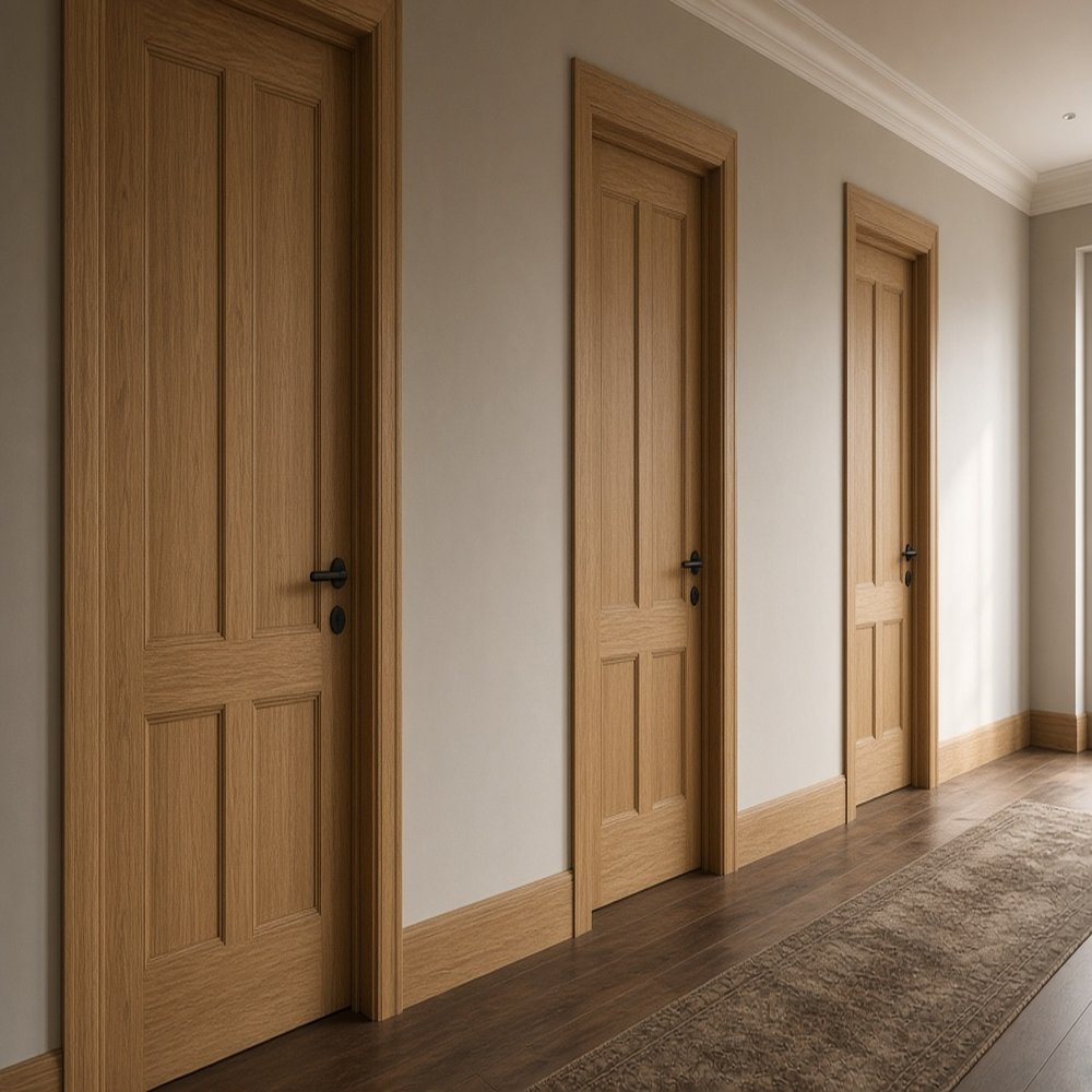 Pasillo con puertas de madera y herrajes negros.