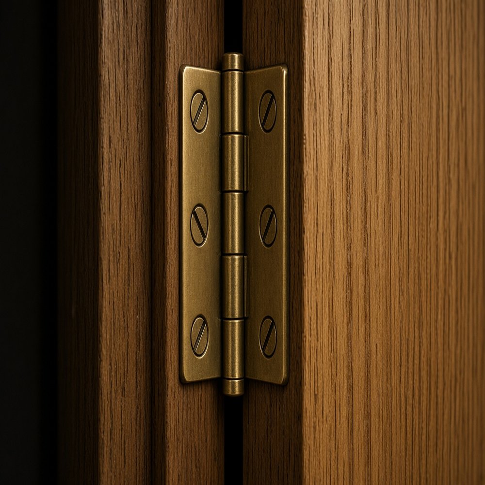 Detalle de bisagra de latón en puerta de madera.