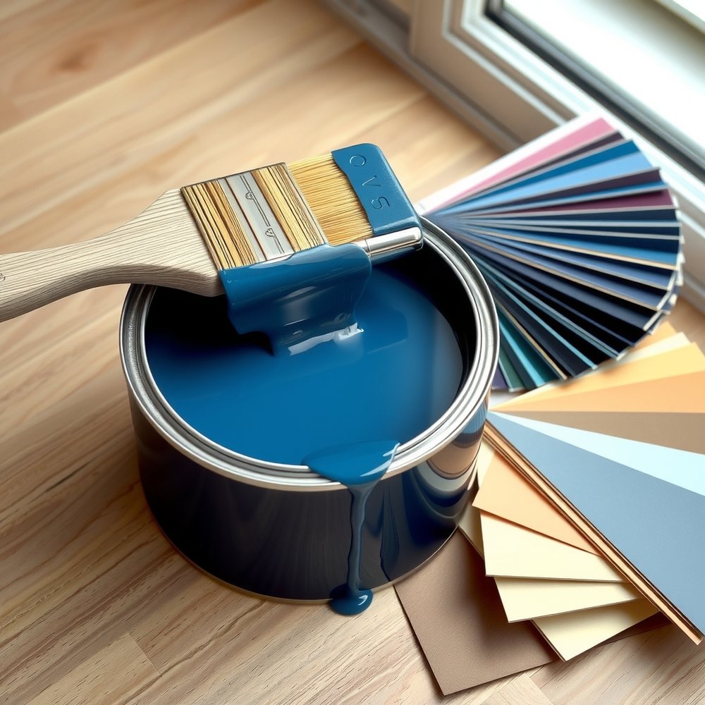 Bote de pintura azul con brocha y carta de colores.