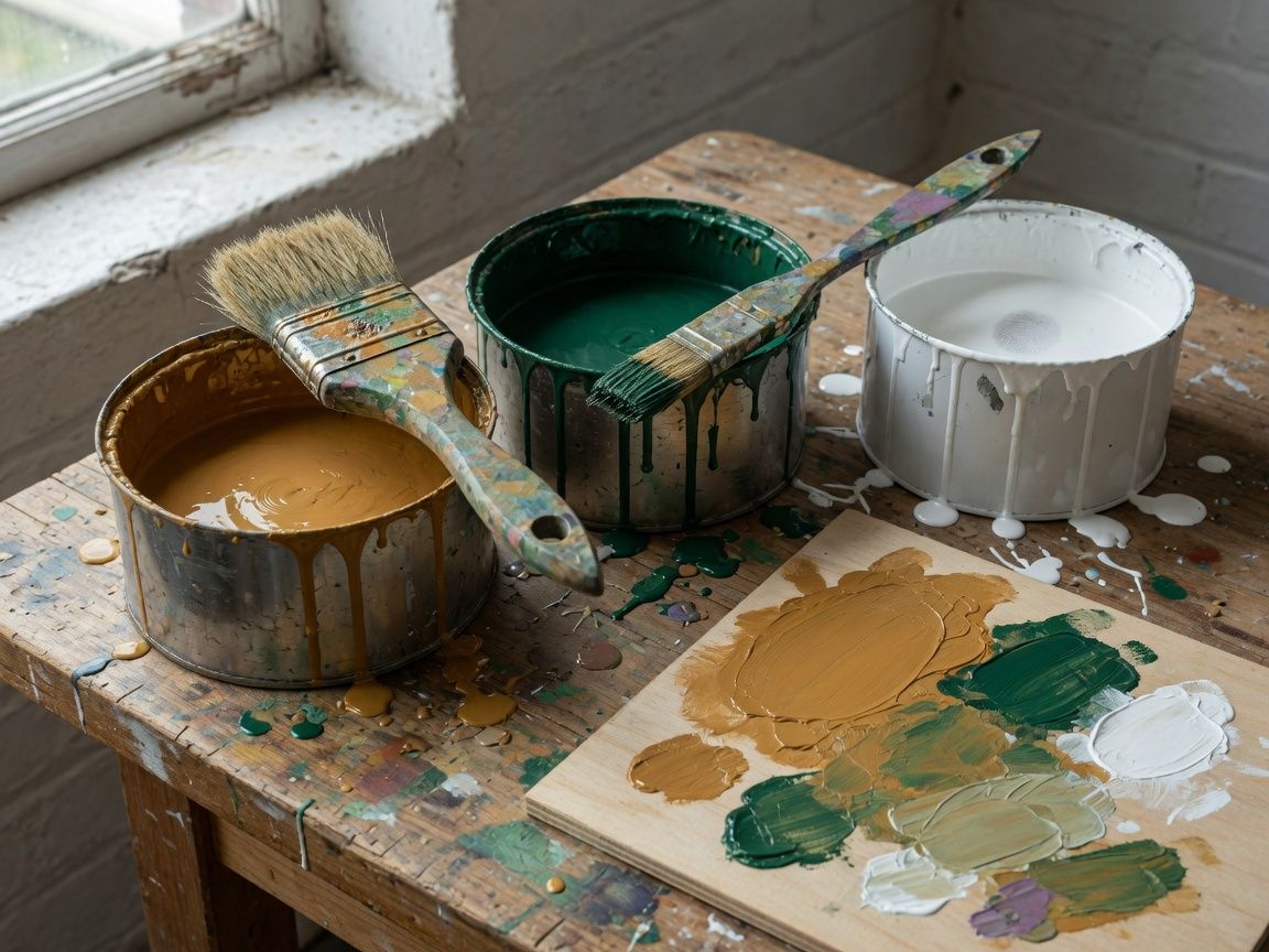 Botes de esmalte ocre, verde y blanco con brochas sobre un banco.